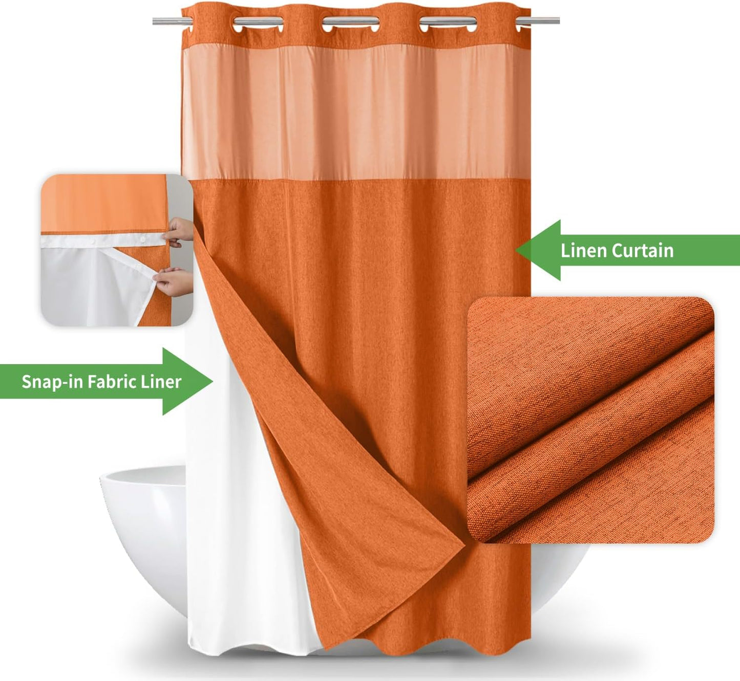 Stall No Hooks Needed Linen Textured Shower Curtain with Snap-in Fabric Liner Set,Hotel Luxury Decor Farmhouse Shower Curtains for Bathroom,Waterproof & Washable,54Wx80H,Burnt Orange