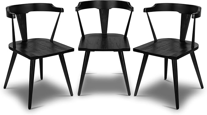 POLY & BARK Mid Century Modern Enzo Black Dining Chair – Solid Oak Wood Splat Back Chair, 18" Seat Height, 32" Tall – Stylish MCM Kitchen & Dining Room Chair - Set of 3