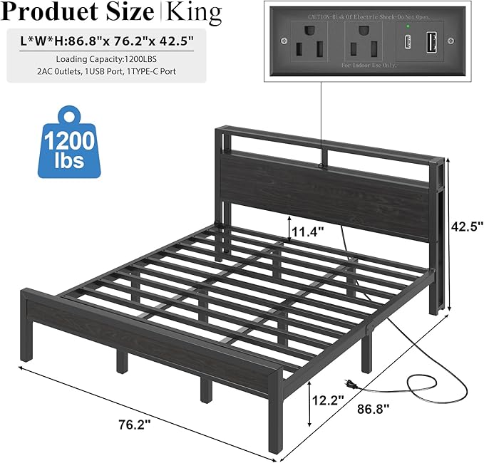 King Size Bed Frame with Storage Headboard, Industrial Platform Bed with Charging Station and LED Lights, Heavy Duty Metal Slats, No Box Spring Need, Noise Free, Black