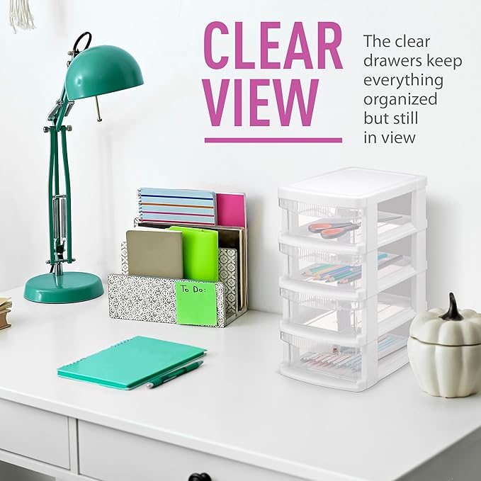Mini Plastic Stacking Desk Top 4-Drawer Storage Organizer, for Makep Vanity Nail Polish Bathroom Stationery Art Craft Supplies Kitchen Office Garage and Small Organization, Small, White