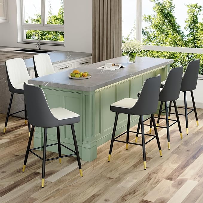 Bar Stools Set of 6,27" Counter Height Bar Stools Set of 6,Faux Leather Counter Stools with Soft Padded Seat & Curved Backrest,Modern Kitchen Island Chairs for Dining Café