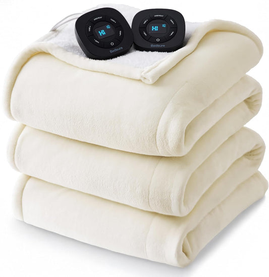 Bedsure Electric Blanket Queen Size - Dual Control Heated Blanket Queen, Fast Heating with 10 Time Settings & 10 Heat Settings, Warm Gift for Grandma (84x90 inches, Ivory)