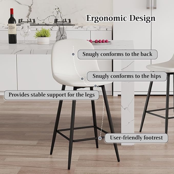 White Barstools Set of 4, 24.6" Counter Height Bar Stools with Back & Metal Footrest, Modern Island Chairs Set of 4 for Kitchens Island Home Bar