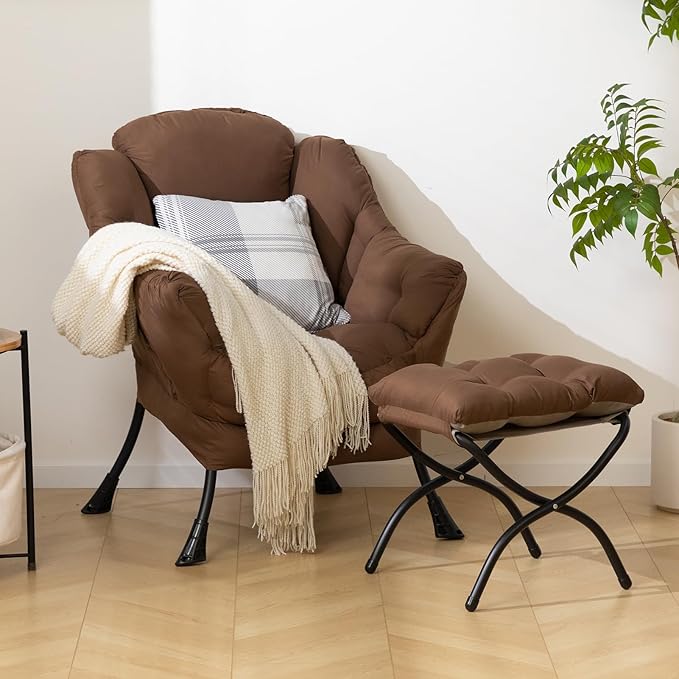 HollyHOME Fabric Lazy Chair with Foldable Ottoman, Accent Comfy Lounge Arm Chair and Folding Footrest Stool Set, Leisure Sofa Reading Chair and Footstool for Living Room, Bedroom, Dorm, Coffee Brown