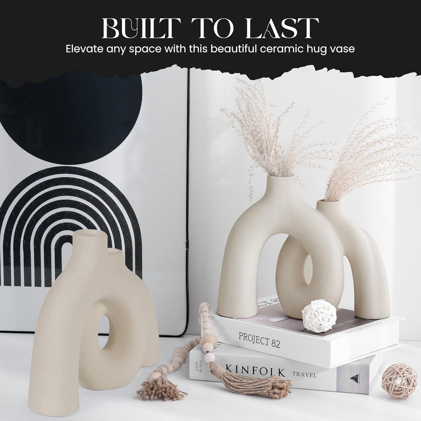 Ceramic Hug Vase (Creamy White) Modern Donut Style Hugging Vases for Flowers Minimalist Decor – Hollow Ceramic Waterproof Home Decor Vases for Living Room, Bed Room, Book Shelf, Entryway, Table