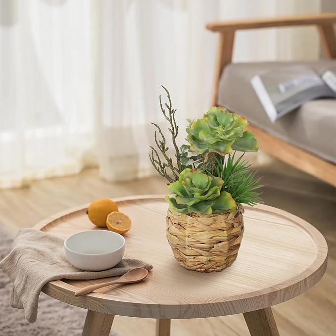 10" Large Succulents Plants Artificial in Wooden Pots, Potted Faux Succulent Arrangement with Woven Pots, Fake Desk Succulents Plants for Home Bathroom Shelf Table Indoor Decor