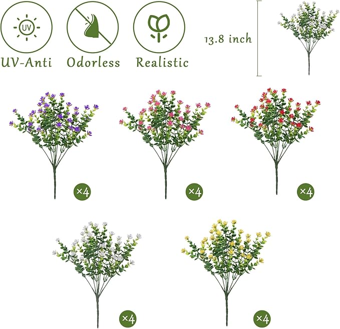 Outdoor Artificial Flowers UV Resistant, 20 Bundles Fake Realistic Floral Greenery Plants for Outside Porch, Window Boxes, Garden, Yard, Inside Home Table Decor,MixcolorD