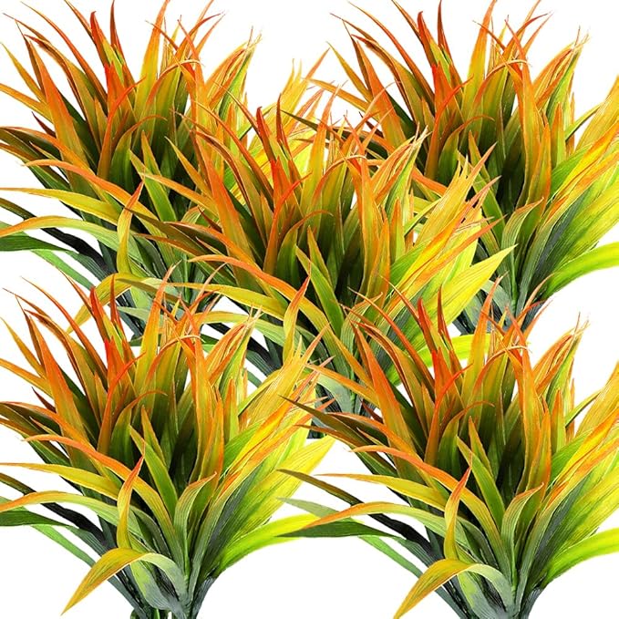 CLONG Artificial Fake Grass Plants Faux Grass Outdoor UV Resistant Fake Bushes Artificial Shrubs Plastic Plant (16, Orange and Green)