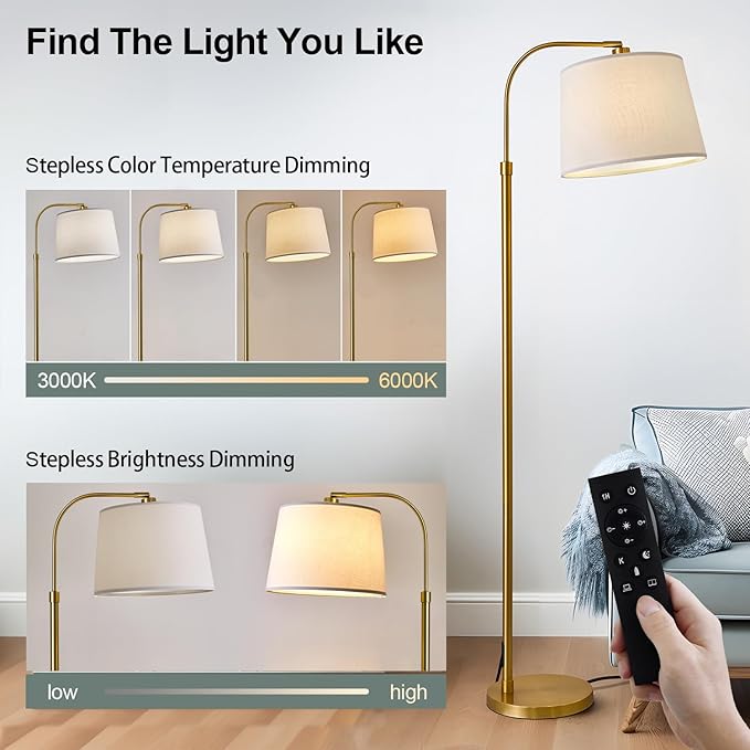 Oneach 62" Arc Floor Lamp for Living Rooms, Gold Tall Standing Lamps with Remote and Stepless Dimmable Bulb, Modern Reading Light for Bedrooms Corner Nursery Kid Office (Bulb Included)