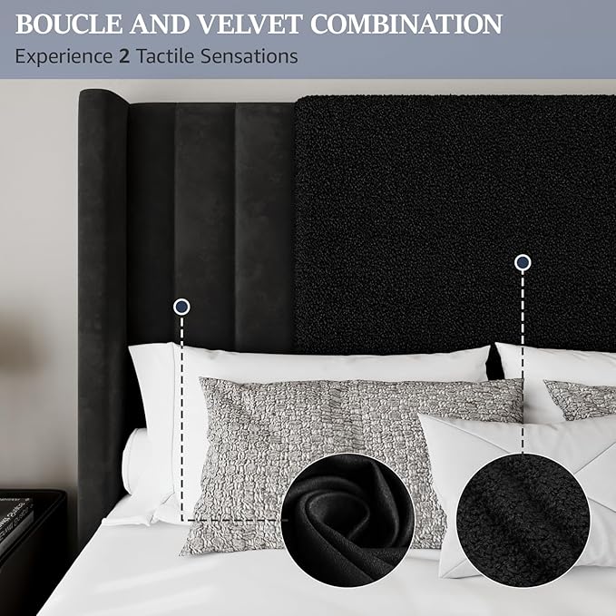Queen Size Bed Frame with Tall Headboard and Footboard, Boucle and Velvet Upholstered Bed Frame Queen with LED Lights, Modern Platform Bed Frames, Noiseless, Easy Assembly, Black