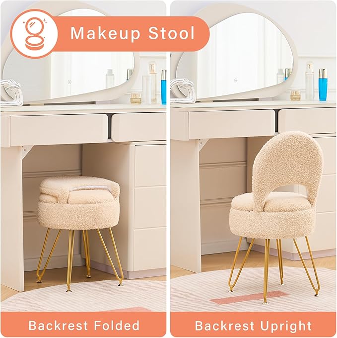 Storage Ottoman Vanity Stool Chair with Folding Back Teddy Velvet Makeup Chair Multifunctional Upholstered Footstool,4 Metal Legs with Anti-Slip Feet for Bedroom Living Room Entryway