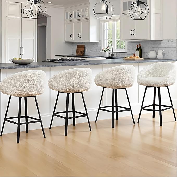 Zesthouse 26'' Modern Counter Height Bar Stools Set of 3, Swivel Barstools with Arms & Backs for Kitchen Counter, Upholstered White Sherpa Fabric Bar Stools, Kitchen Island Chairs with Metal Legs
