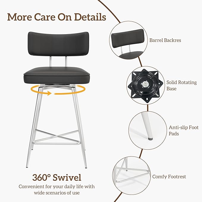 Swivel Bar Stools Set of 3, PU Leather Counter Height Bar Stools, 26" Modern Barstools with Backs and Footrest, Bar Chairs for Kitchen Island, Black