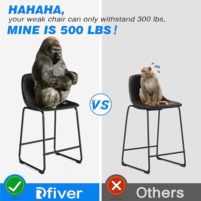 Rfiver Pu Faux Leather Bar Stools Set of 6, Industrial Pub Barstools with Back and Footrest, Modern Armless Bar Height Stool Chairs (Black, 24" Counter Chair x6)