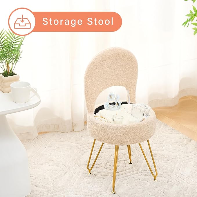 Storage Ottoman Vanity Stool Chair with Folding Back Teddy Velvet Makeup Chair Multifunctional Upholstered Footstool,4 Metal Legs with Anti-Slip Feet for Bedroom Living Room Entryway