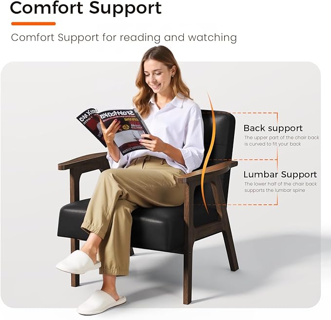 Casaottima PU Leather Accent Chair Mid Century Comfy Cozy Chair with Solid Wood Legs,Modern Arm Reading Chair with Button Tufted Back for Living Room Bedroom (Dark Black)