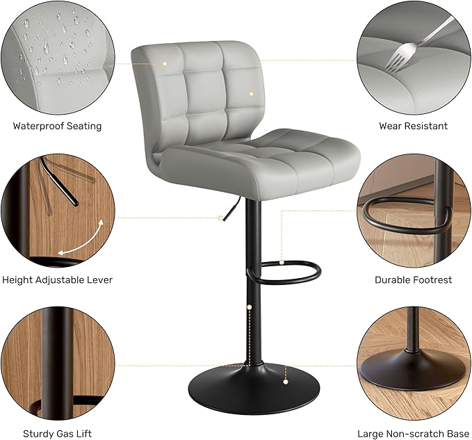 Modern Bar Stools Set of 3, Faux Leather Upholstered Swivel Bar Stools, Adjustable Counter Height Bar Chairs with High Back and Footrest for Kitchen Island (Light Grey)