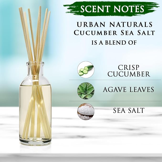 Urban Naturals Cucumber Sea Salt Reed Diffuser Set | Fresh, Crisp Cucumber, Agave Leaves & Sea Salt | Essential Oil Room Scent Kit with Reed Sticks | Made in The USA | A Great Home Gift Idea