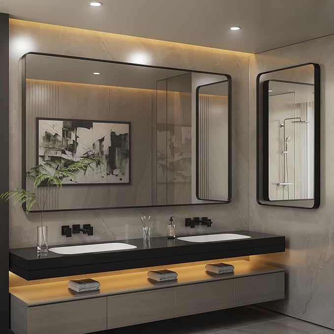 ISKM Large Black Framed Mirror for Bathroom 72" x 32" Wall Mounted Mirror Black Metal Framed Bathroom Mirror for Wall Round Corner (Horizontal/Vertical)