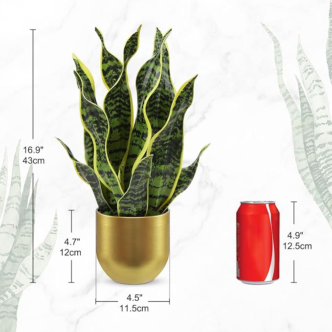 Hollyone Artificial Snake Plant Potted Faux Sansevieria Trifasciata Plants, 16.9" Tropical Mother in Law Tongue Fake Plants in Metal Gold Pots for Home Office Room Indoor Decor Housewarming Gifts
