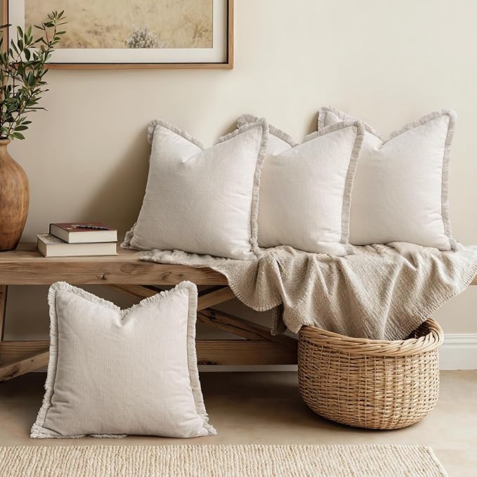MIULEE Decorative Couch Pillow Covers Neutral Beige Linen Fringe Throw Pillows Set of 4 Boho Farmhouse Cushion Covers Soft Accent Pillowcases for Bed Couch Sofa Living Room Home Decor 18x18 Inch