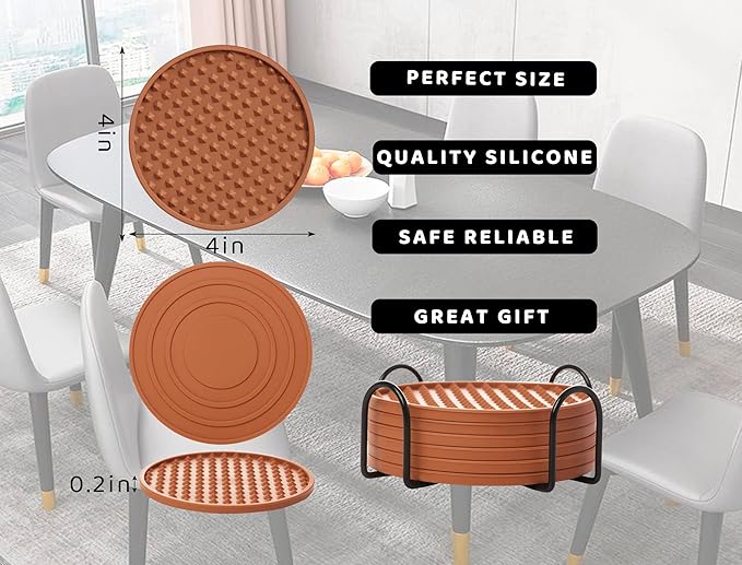 Coasters for Drinks 6 Pack Drink Plastic Coaster with Holder,Heat Resistant Silicone Cup Mat Tabletop Protection,Non-Slip Rubber Coasters for Kinds of Cups (Brown)