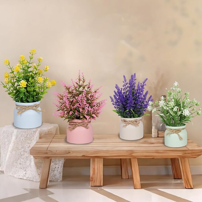 6pcs Artificial Pot Flowers Small Fake Plants with Pot Mini Potted Plants for House Office Tabletop Decoration