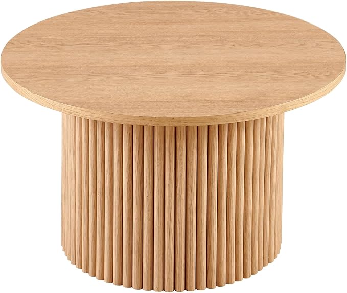 27.5'' Round Dining Table for 4, Modern Wood Farmhouse Kitchen Circle Table with Sturdy Cylindrical Pedastal, Dinner Tables for Dining Room, Living Room Oak