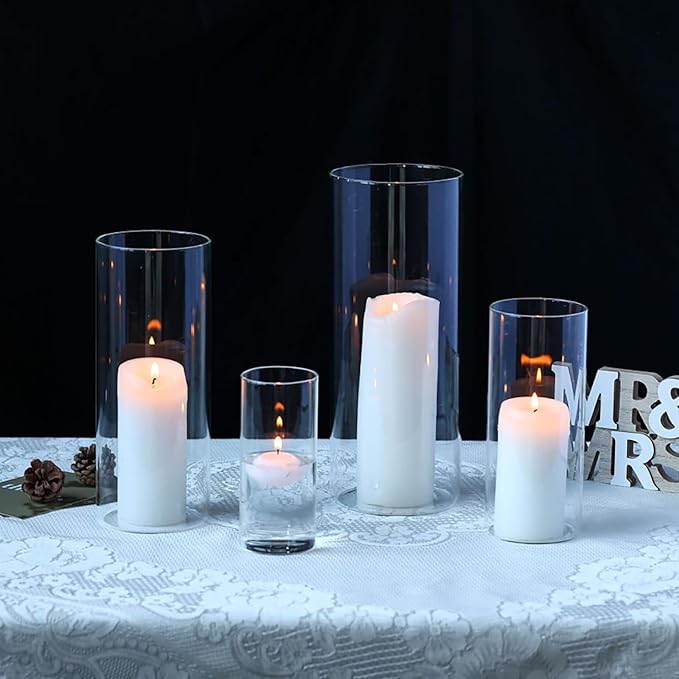 PHOSPHOR 4 PCS Glass Candle Holder, Hurricane Candle Hoder, Glass Pillar Candle Holder, Clear Cylinder Candleholder Cylinder Vase for Centerpieces Wedding Party Decoration