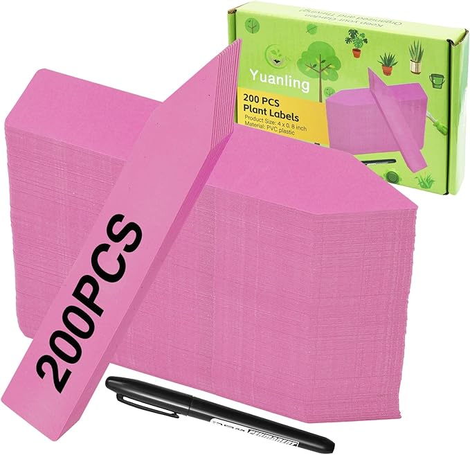 Plant Labels 200 Pcs Yuanling for Seeding Plastic Waterproof Plant Name Tags Garden Labels Marker Garden Pots Stakes for Outdoor Potted Plants Belt Permanent Marking Pen (Pink)