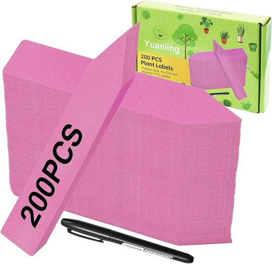 Plant Labels 200 Pcs Yuanling for Seeding Plastic Waterproof Plant Name Tags Garden Labels Marker Garden Pots Stakes for Outdoor Potted Plants Belt Permanent Marking Pen (Pink)
