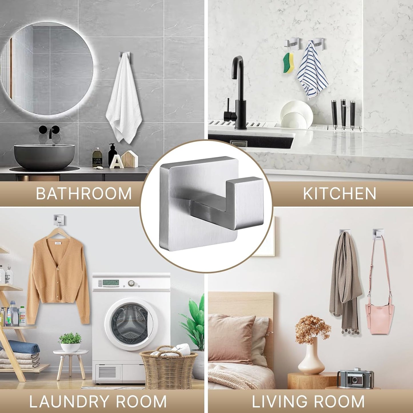 Towel Hooks for Bathrooms Robe Hook Coat Hook 4 Pack Brushed Nickel Stainless Steel Heavy Duty Wall Mounted Square Hooks for Bathroom Kitchen Bedroom