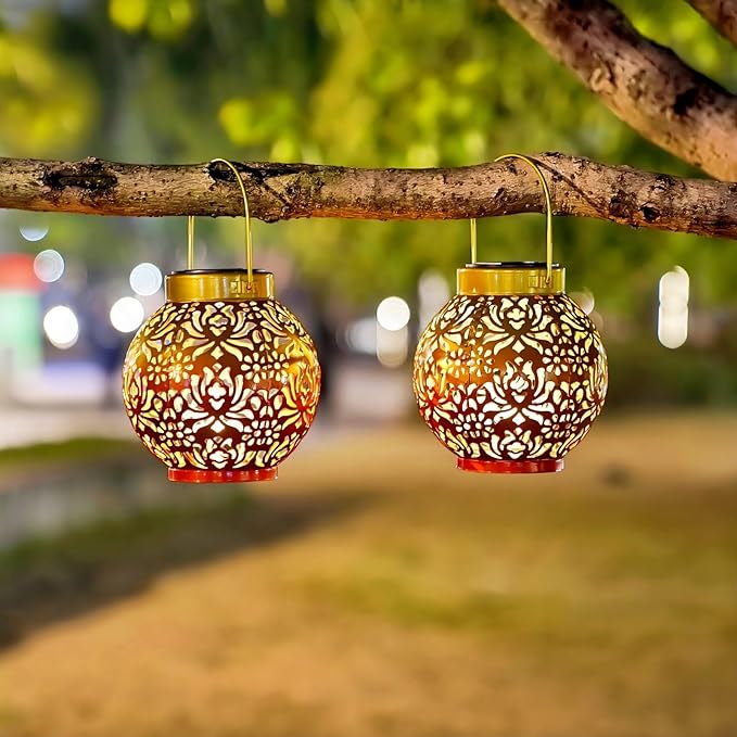 Outdoor Solar Hanging Lantern Lights Metal LED Decorative Lamp for Garden Patio Courtyard Lawn and Table with Hollowed-Out Design (Sunset Blaze)