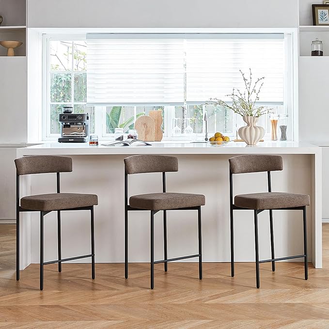 Grey Modern Bar Stools Set of 3, 24 Inch Counter Stools with Curved Backrest, Counter Height Bar Stools for Kitchen Island