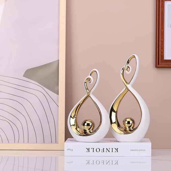 White Decor Accent, Porcelain Art Mid Century Modern White and Gold Decorations, Dining Table Objects, Abstract Ceramic Statue Sculpture - for Bookshelf Tv Stand Centerpiece Centro De Mesa