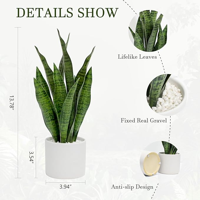 Faux Plants, Artificial Snake Plant Set of 2, Faux Snake Plant with Pure White Ceramic Pots, Fake Sansevieria for Home Decor Indoor, Office, Living Room, Housewarming Gifts