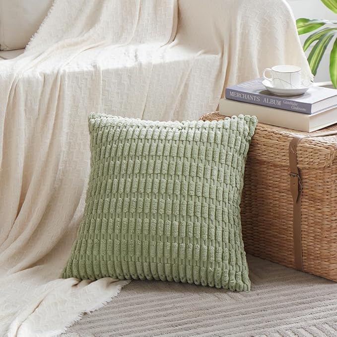 Fancy Homi 4 Packs Sage Green Decorative Throw Pillow Covers 24x24 Inch for Living Room Couch Bed Sofa, Rustic Farmhouse Boho Home Decor Soft Plush Striped Corduroy Square Cushion Case 60x60 cm