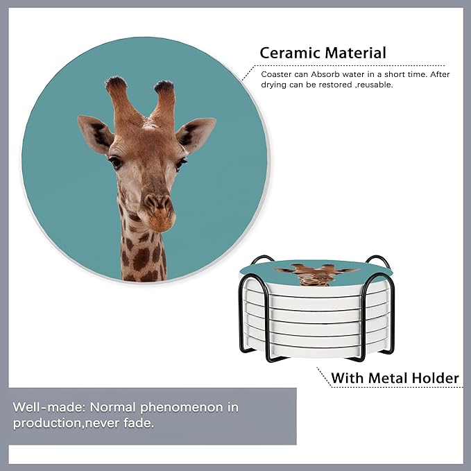 6 Pcs Coasters for Drinks with Holder,Funny Giraffe Absorbent Coaster with Cork Backing,Great Gift for Housewarming,Room Decor,Bar,Holiday Party