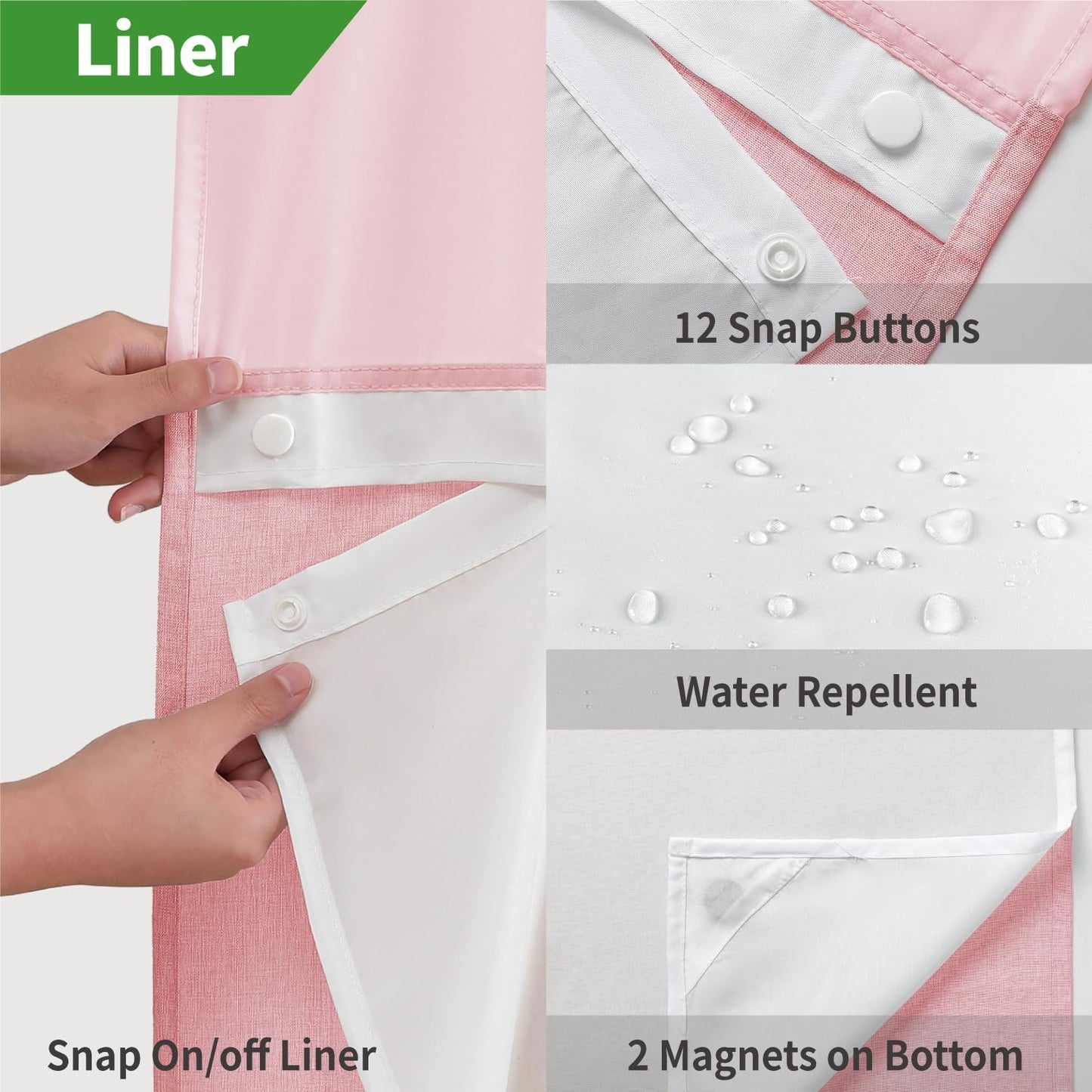 No Hooks Needed Linen Textured Shower Curtain with Snap-in Fabric Liner Set,Hotel Luxury Decor Shower Curtains for Bathroom with Mesh Top Window,Waterproof & Washable,71Wx74H,Pink