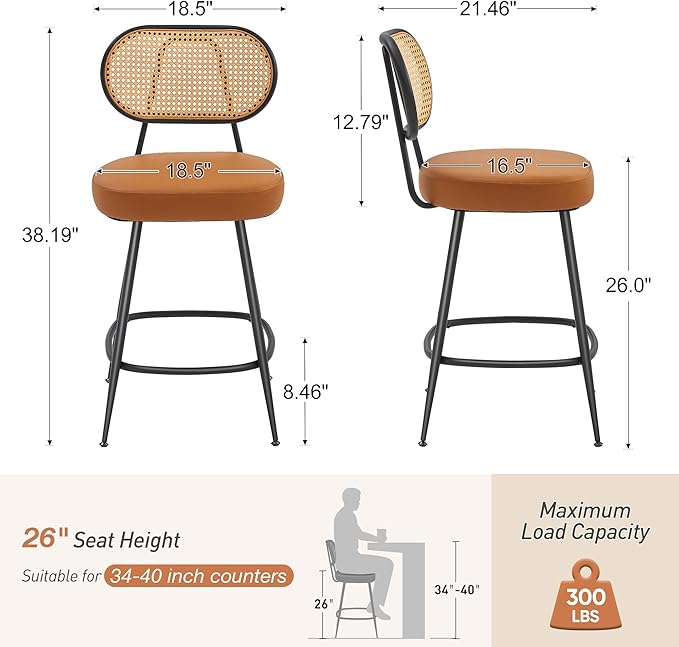 BFZ Counter Height Bar Stools Set of 4, 26" Seat Height Barstools with Rattan Back and Metal Legs, Upholstered Faux Leather Bar Chairs for Kitchen Island, Home Bar, Brown