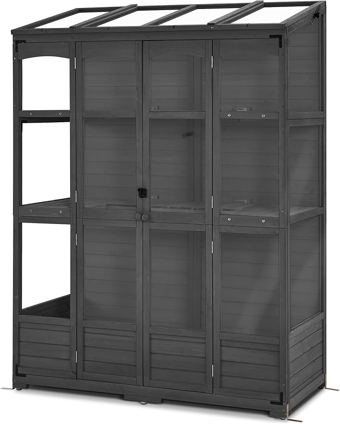 MCombo Wooden Greenhouse, Walk-in Outdoor Greenhouse with Openable Roof and Lockable Door, 0899 (Dark Grey)