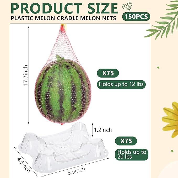 Irenare 150 Pcs Melon Cradle Melon Nets Hammock Set, Thickened Watermelon Holder, Holds up to 7-12 Lbs, Garden Plastic Hanging Bags for Garden Growing, Keep Watermelon Off of The Ground