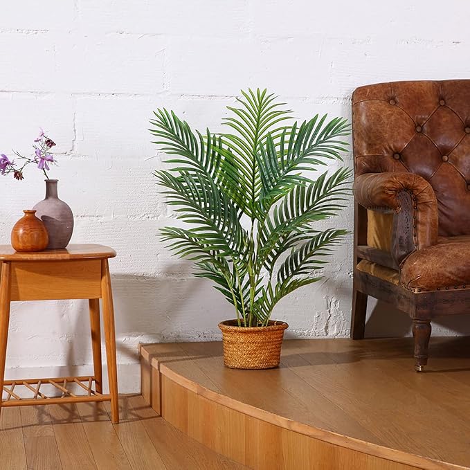 LOMANTO Fake Majesty Palm Plant 3Ft Artificial Plants for Home Decor Indoor Small Faux Trees in Pot Fake Tropical Plants for Housewarming Gift 1Pack