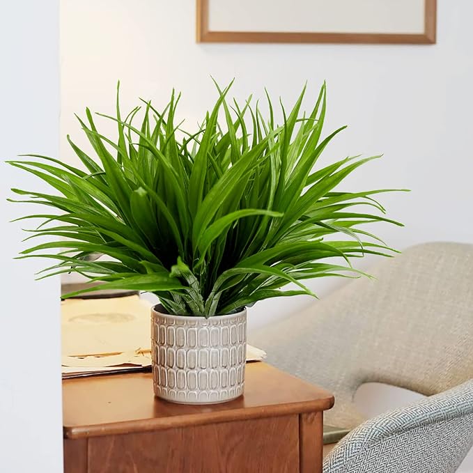 24Pcs Artificial Grass Plant Fake Outdoor Plastic Plants UV Resistant Faux Grasses Greenery Shrubs for Window Box Garden Patio Porch Home Decor Green