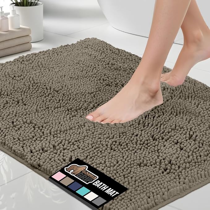 GORILLA GRIP Bath Rug Mat 30x20, Thick Soft Absorbent Chenille, Quick Dry Microfiber Mats, Rubber Backing Washable Shower Floor Rugs, Bathmat Runner, US Designed Bathroom Home Decor Accessories Latte