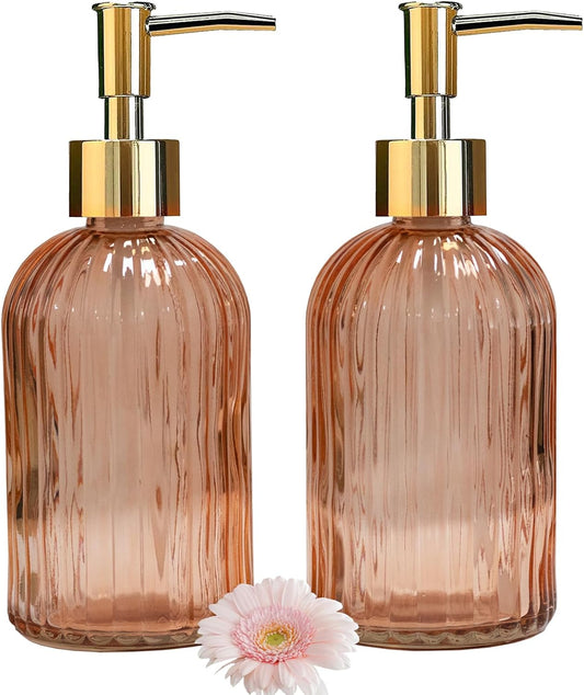 Glass Soap Dispenser with Gold Plastic Pump, 13.5oz Refillable Liquid Hand Soap Dispenser, 2 Pack Crystal Lotion Bottle for Modern Home Decor, Bathroom, Kitchen Countertop, Hotel(Orange)