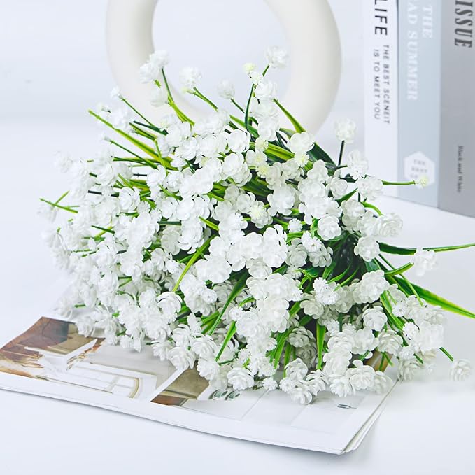 Ouddy Decor 24 Bundles Artificial Flowers for Outdoors UV Resistant Fake Plastic Plants Faux Boston Fern Greenery Stems for Spring Summer Indoor Garden Patio Window Box Kitchen Home Decor, White