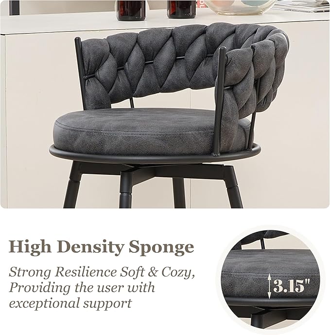 Grey Bar Stools Set of 3, 28 Inch Counter Height Bar Stool with Metal Legs, 360° Swivel Barstools with Woven Back Leather Upholstered, Modern Chair for Kitchen Island, Cafe