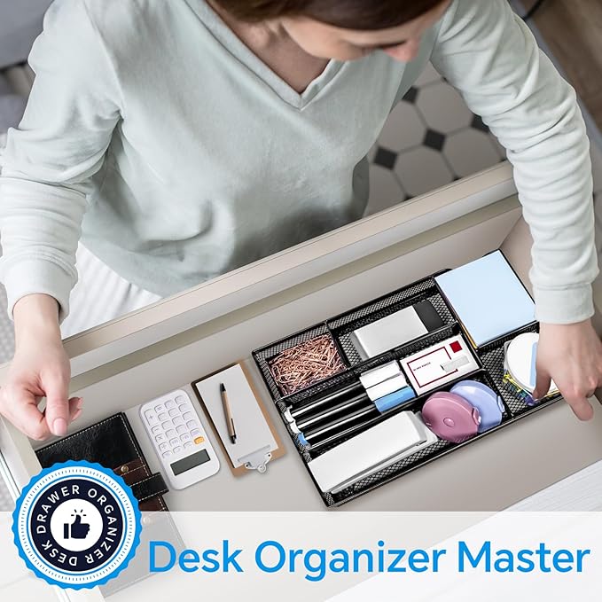 Desk Drawer Organizer, Office Drawer Divider Organizer Tray with 6 Compartments, Metal Mesh Desktop Organization and Accessories for Stationery Makeup Kitchen Toolroom School ＆ Office, 11x6.1x1.38 in