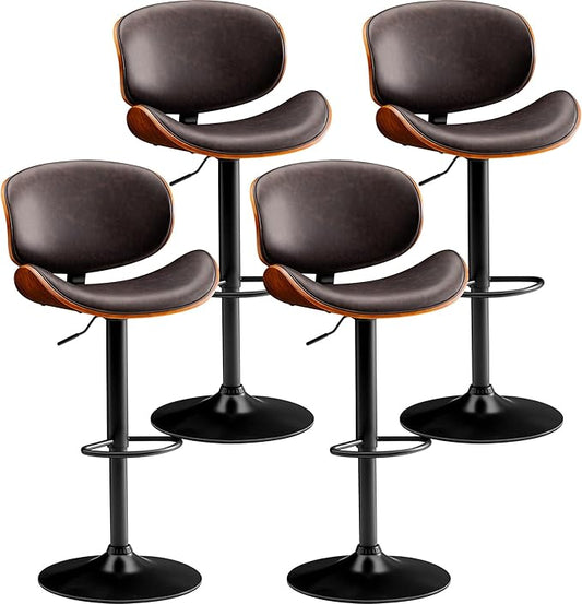 Bar Stools Set of 4 Adjustable Swivel Bentwood Barstools PU Leather Modern Bar Chairs with Back & Footrest for Bar, Kitchen Island, Dining Room (Brown, Set of 4)